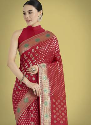 Red colour banarasi satin silk blend zari weaving saree 3