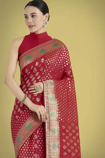 Red colour banarasi satin silk blend zari weaving saree