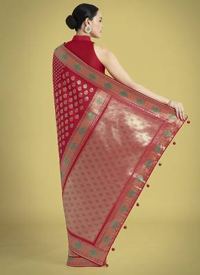 Red colour banarasi satin silk blend zari weaving saree 4