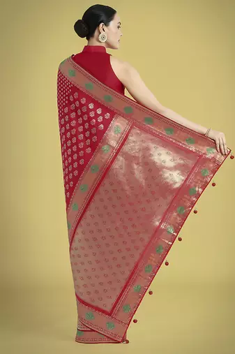 Red colour banarasi satin silk blend zari weaving saree