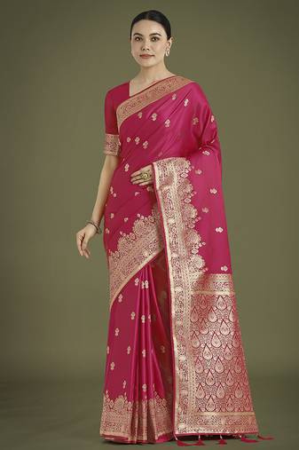 Hot pink with gold bordar banarasi woven satin saree