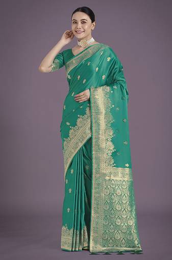 Turquoise with gold bordar banarasi woven satin saree