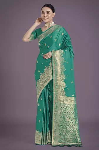 Turquoise with gold bordar banarasi woven satin saree