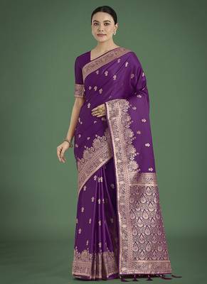 Purple zari woven banarasi satin silk blend saree 1