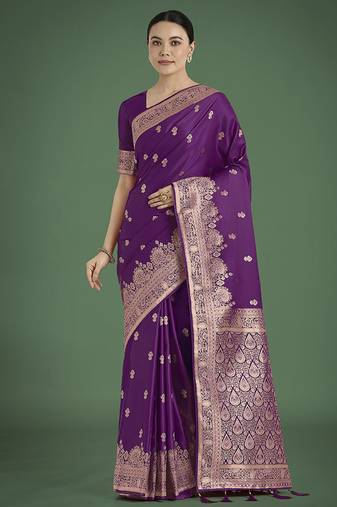 Purple with gold bordar banarasi woven satin saree