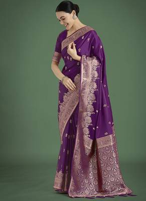 Purple zari woven banarasi satin silk blend saree 2