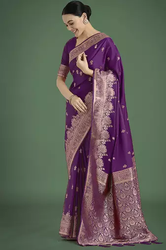 Purple zari woven banarasi satin silk blend saree