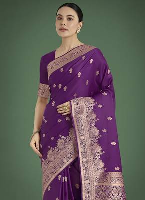 Purple zari woven banarasi satin silk blend saree 3