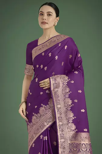 Purple zari woven banarasi satin silk blend saree