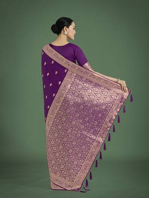 Purple zari woven banarasi satin silk blend saree 4
