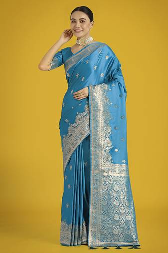 Cyan blue with gold bordar banarasi woven satin saree