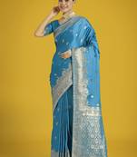 Cyan blue with gold bordar banarasi woven satin saree