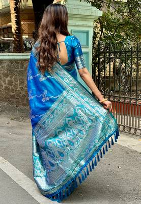 Blue banarasi jaal soft silk blend zari woven saree 2