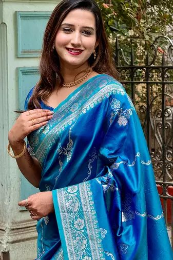 Blue banarasi jaal soft silk blend zari woven saree