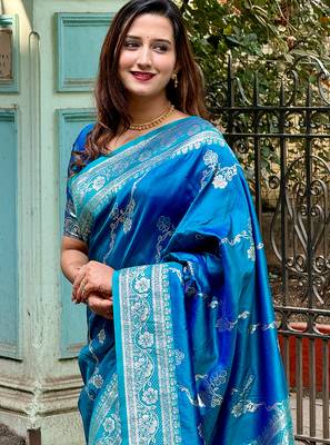 Blue banarasi jaal soft silk blend zari woven saree 4