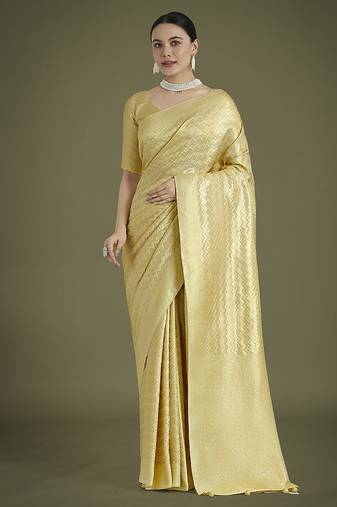Wonderful light yellow soft banarasi satin silk leheriya design saree