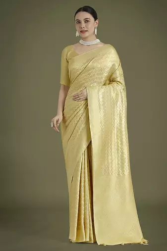 Wonderful light yellow soft banarasi satin silk leheriya design saree