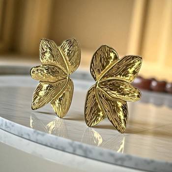 golden glamour anti-tarnish textured leaf stud earrings – elegant minimal gold finish for everyday & festive wear 2
