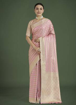 light pink banarasi satin silk blend zari woven saree 1