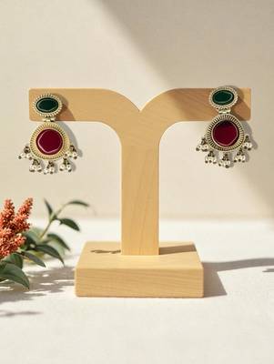 Golden glamour emerald drop antique earrings for women – traditional oxidized silver with green stone & pearl danglers 1