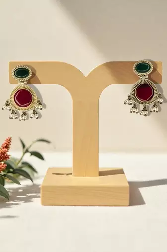 Golden glamour emerald drop antique earrings for women – traditional oxidized silver with green stone & pearl danglers