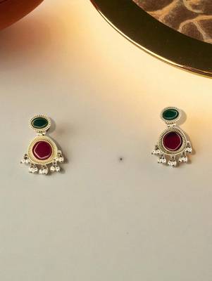 Golden glamour emerald drop antique earrings for women – traditional oxidized silver with green stone & pearl danglers 3