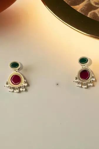 Golden glamour emerald drop antique earrings for women – traditional oxidized silver with green stone & pearl danglers