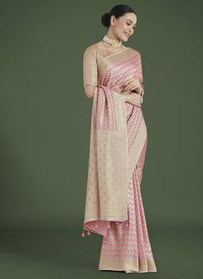 light pink banarasi satin silk blend zari woven saree 2