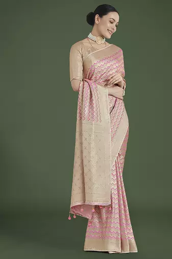 light pink banarasi satin silk blend zari woven saree