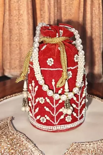 Premium Red Velvet Embroidered Potli Bag with Pearl Handle – Bridal & Festive Special
