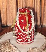 Premium Red Velvet Embroidered Potli Bag with Pearl Handle – Bridal & Festive Special