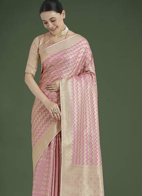 light pink banarasi satin silk blend zari woven saree 3