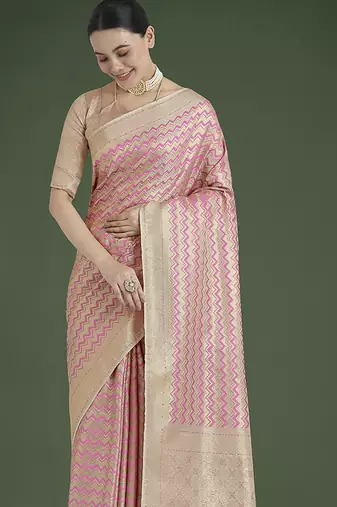 light pink banarasi satin silk blend zari woven saree