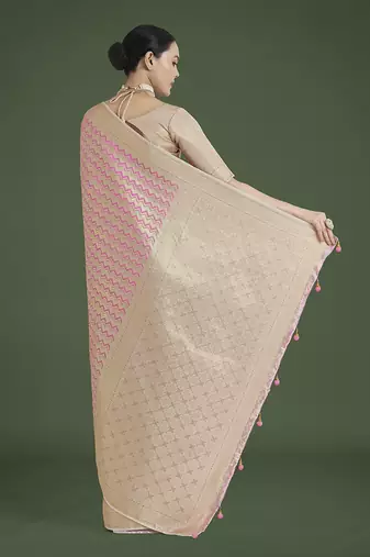 light pink banarasi satin silk blend zari woven saree