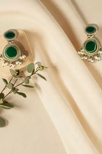 Golden glamour emerald drop antique earrings for women – traditional oxidized silver with green stone & pearl danglers