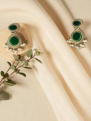 Golden glamour emerald drop antique earrings for women – traditional oxidized silver with green stone & pearl danglers 1