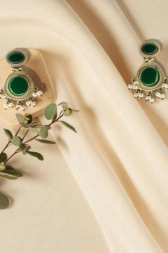 Golden glamour emerald drop antique earrings for women – traditional oxidized silver with green stone & pearl danglers