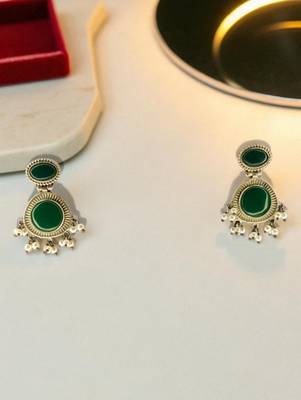 Golden glamour emerald drop antique earrings for women – traditional oxidized silver with green stone & pearl danglers 3