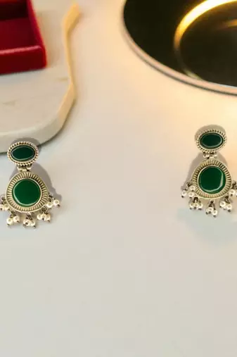 Golden glamour emerald drop antique earrings for women – traditional oxidized silver with green stone & pearl danglers
