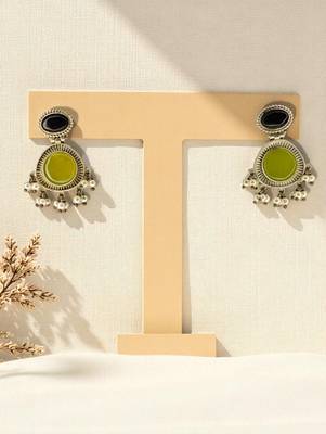 Golden glamour emerald drop antique earrings for women – traditional oxidized silver with green stone & pearl danglers 1