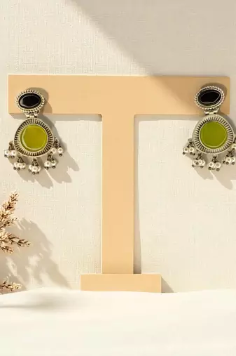 Golden glamour emerald drop antique earrings for women – traditional oxidized silver with green stone & pearl danglers