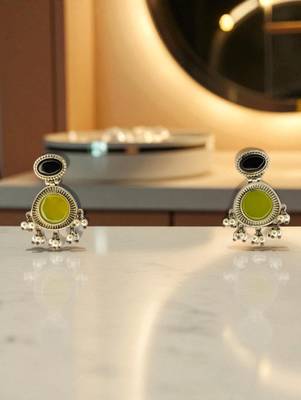 Golden glamour emerald drop antique earrings for women – traditional oxidized silver with green stone & pearl danglers 3