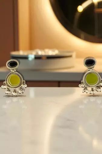 Golden glamour emerald drop antique earrings for women – traditional oxidized silver with green stone & pearl danglers