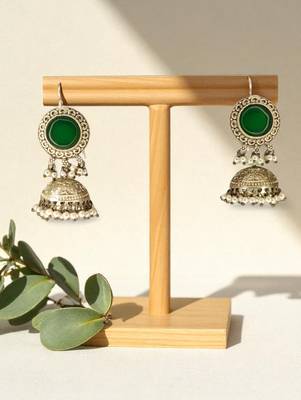 Golden glamour antique jhumka earrings with green stone & pearl detailing 1