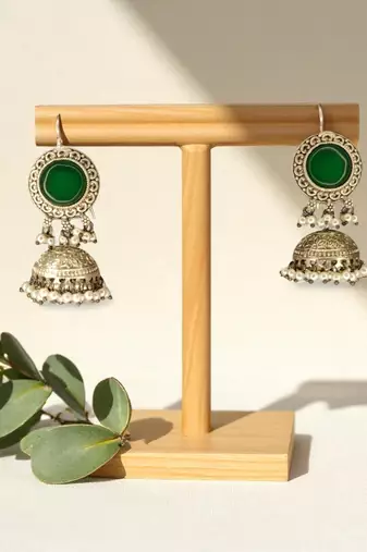 Golden glamour antique jhumka earrings with green stone & pearl detailing