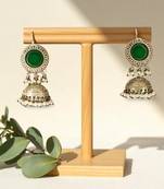 Golden glamour antique jhumka earrings with green stone & pearl detailing