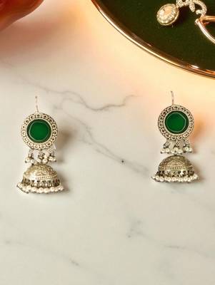 Golden glamour antique jhumka earrings with green stone & pearl detailing 3