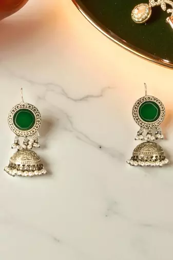 Golden glamour antique jhumka earrings with green stone & pearl detailing