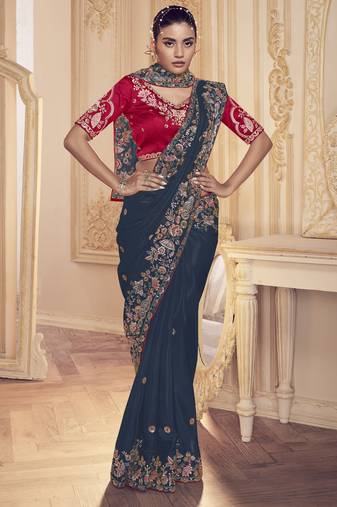 Dark rama cords and handwork wedding saree with blouse fabric