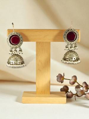 Golden glamour antique jhumka earrings with green stone & pearl detailing 1